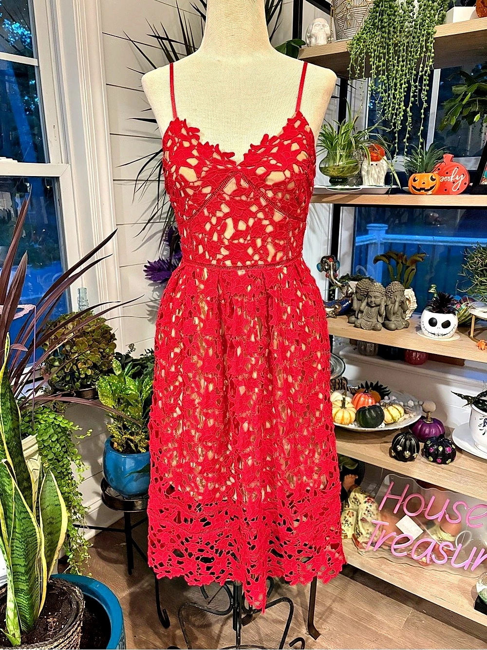 Free People Lace Midi Dress in Red Size Small Like New